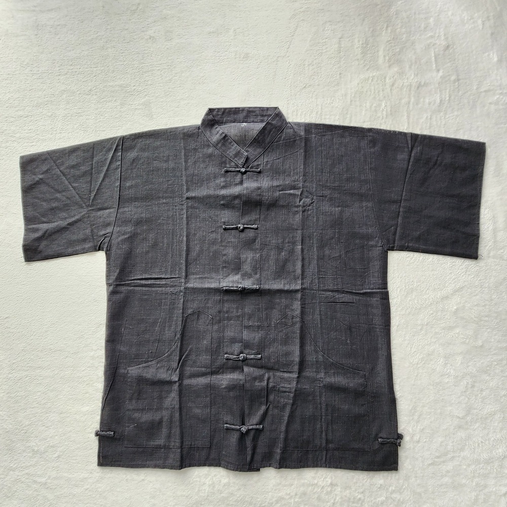 Linen Kung Fu Shirt Mens XL Black Frog Button Tang Suit Martial Arts Top Minimal